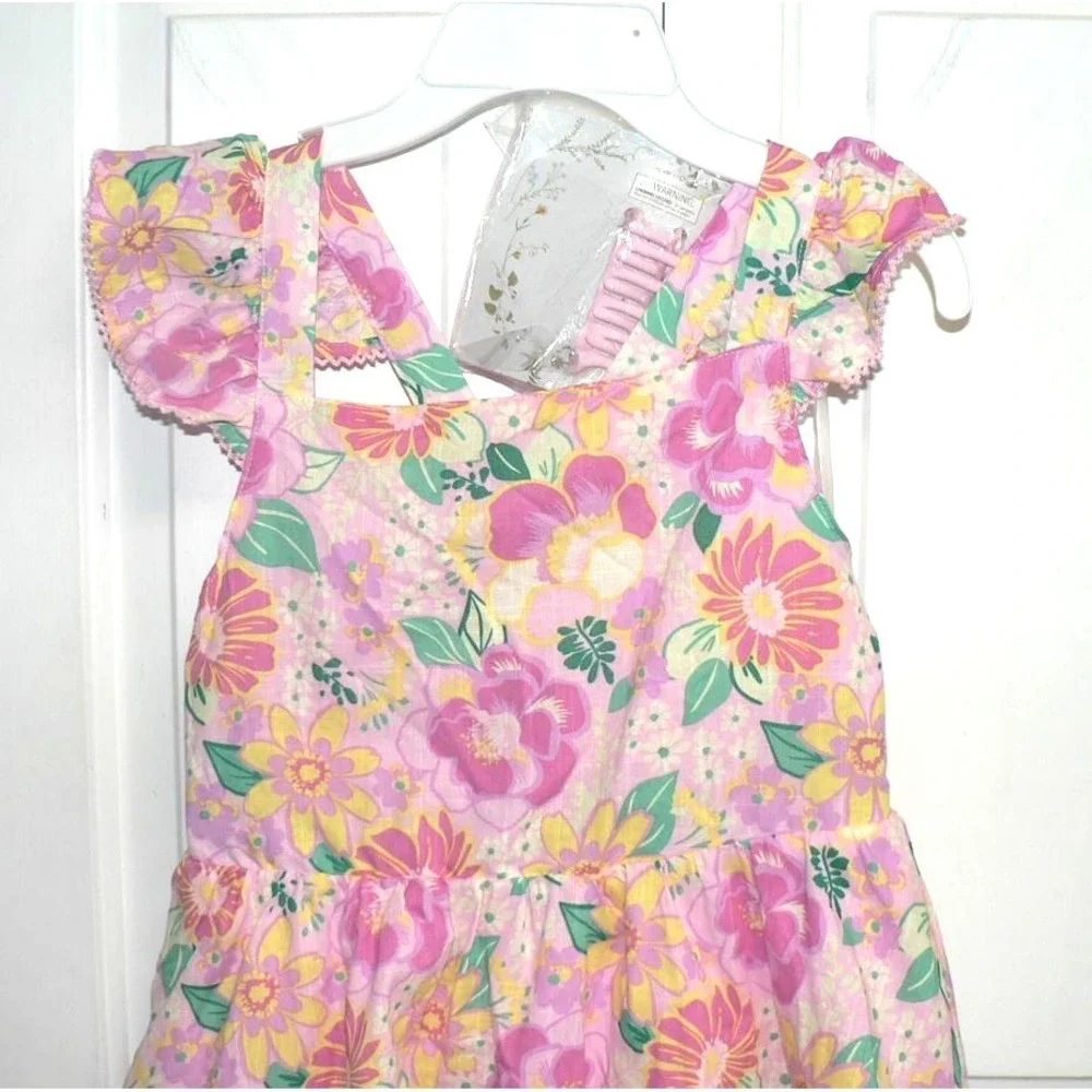 Haute Hippie Girls Square Neck Flutter Sleeve Floral Print Dress‎ & Hair Clip 12